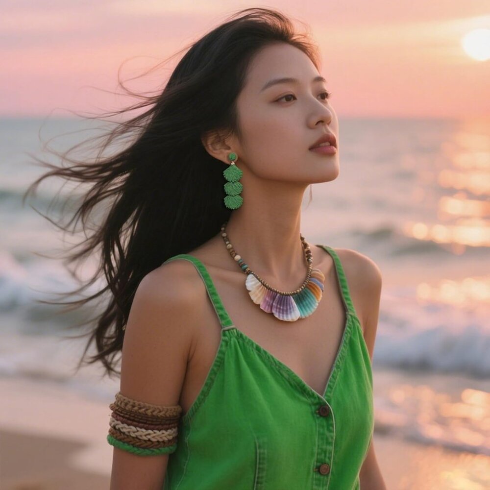 Green Raffia Shell Dangle Earrings - Boho Summer … - image 3